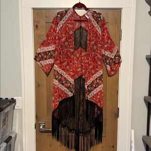 Xhilaration Kimono coverup Womens XS 
Bohemian Hippie Floral Fringe Red multi